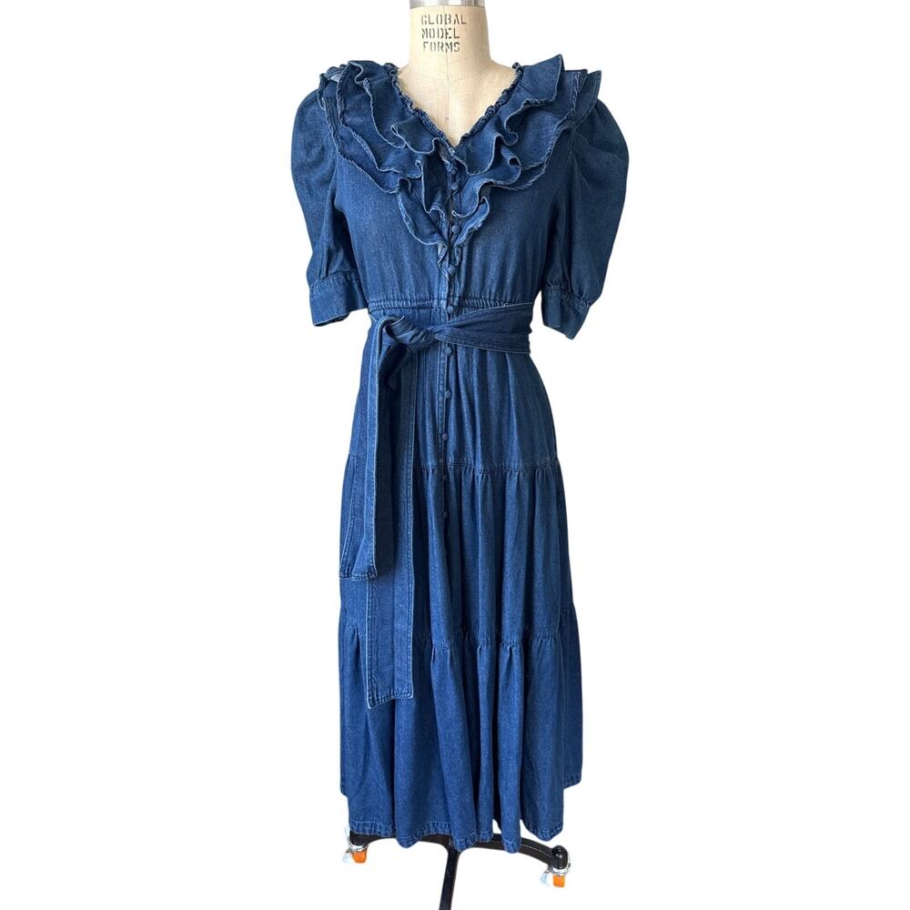 SNIDEL Midi Denim Dress Blue Size 1 Small Ruffles Western